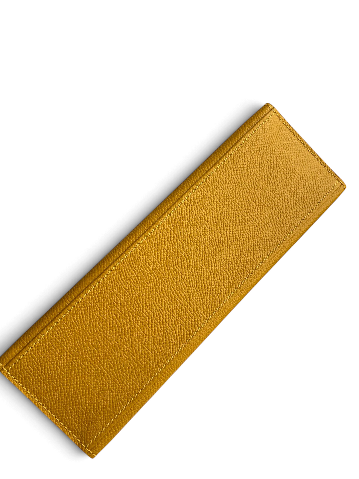 SWORD LUXURY sarı renkli, dokulu Epsom deri Mini Kelly 22cm çanta taban detayı ve kutu içeriği.