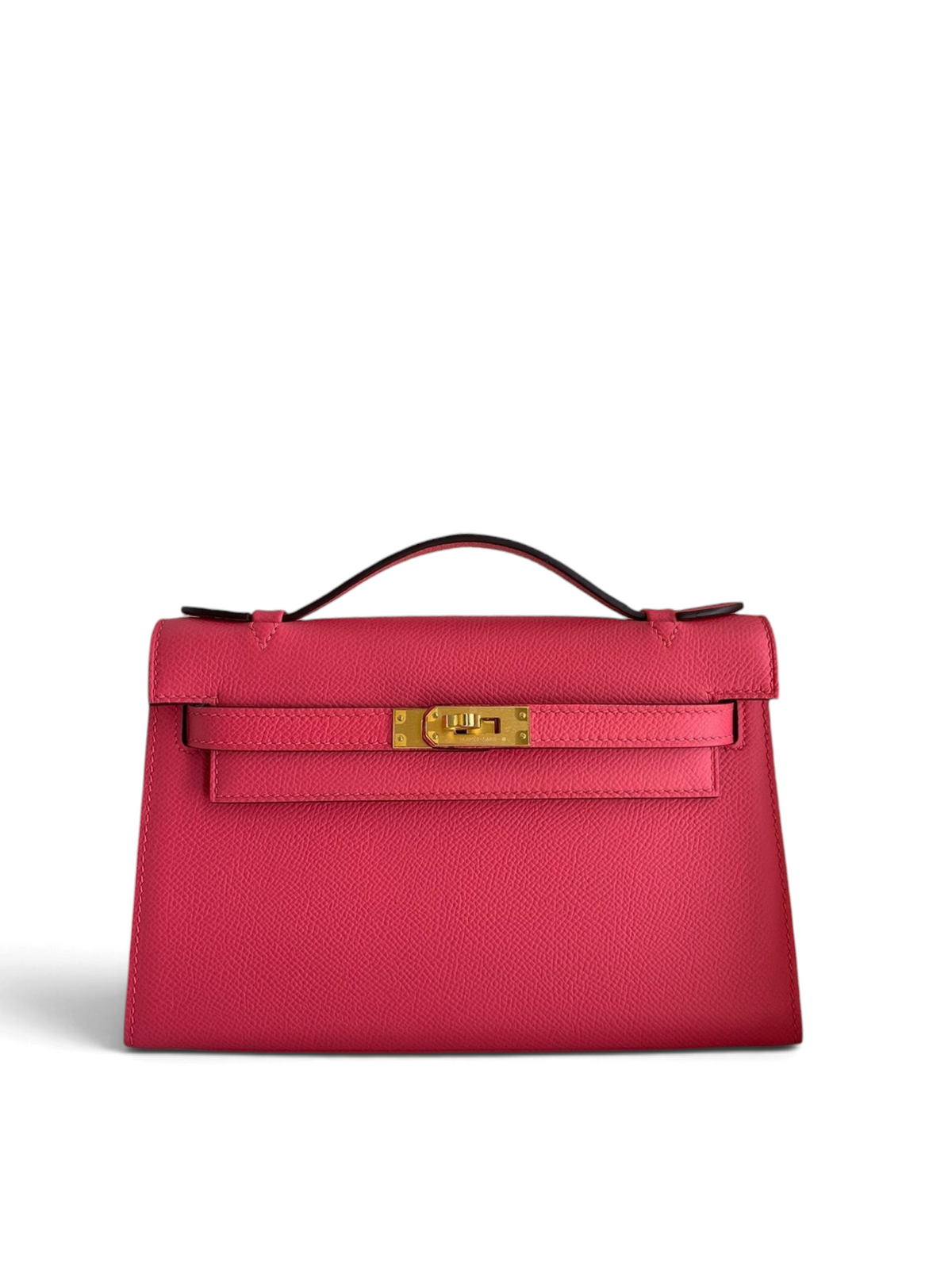 SWORD LUXURY pembe Epsom deri 22cm Mini Kelly çanta, altın tonlu kilit detayı ve kutu içerisinde sunumuyla.