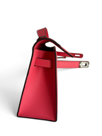 SWORD LUXURY pembe Epsom deri 22 cm Mini Kelly çanta, yan görünüm, metal kilit detaylı ve kutusunda.