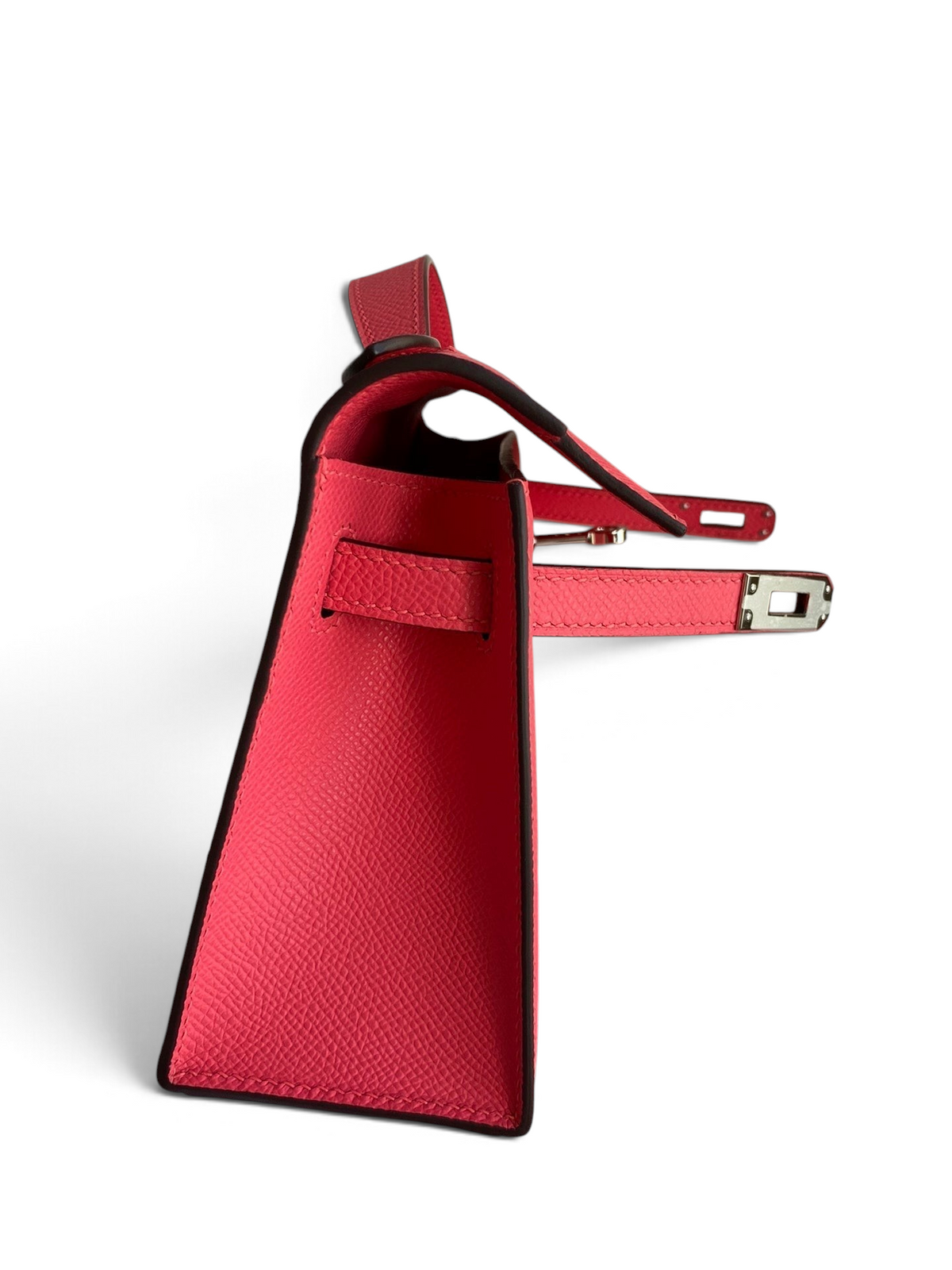 SWORD LUXURY pembe Epsom deri 22 cm Mini Kelly çanta, yan görünüm, metal kilit detaylı ve kutusunda.