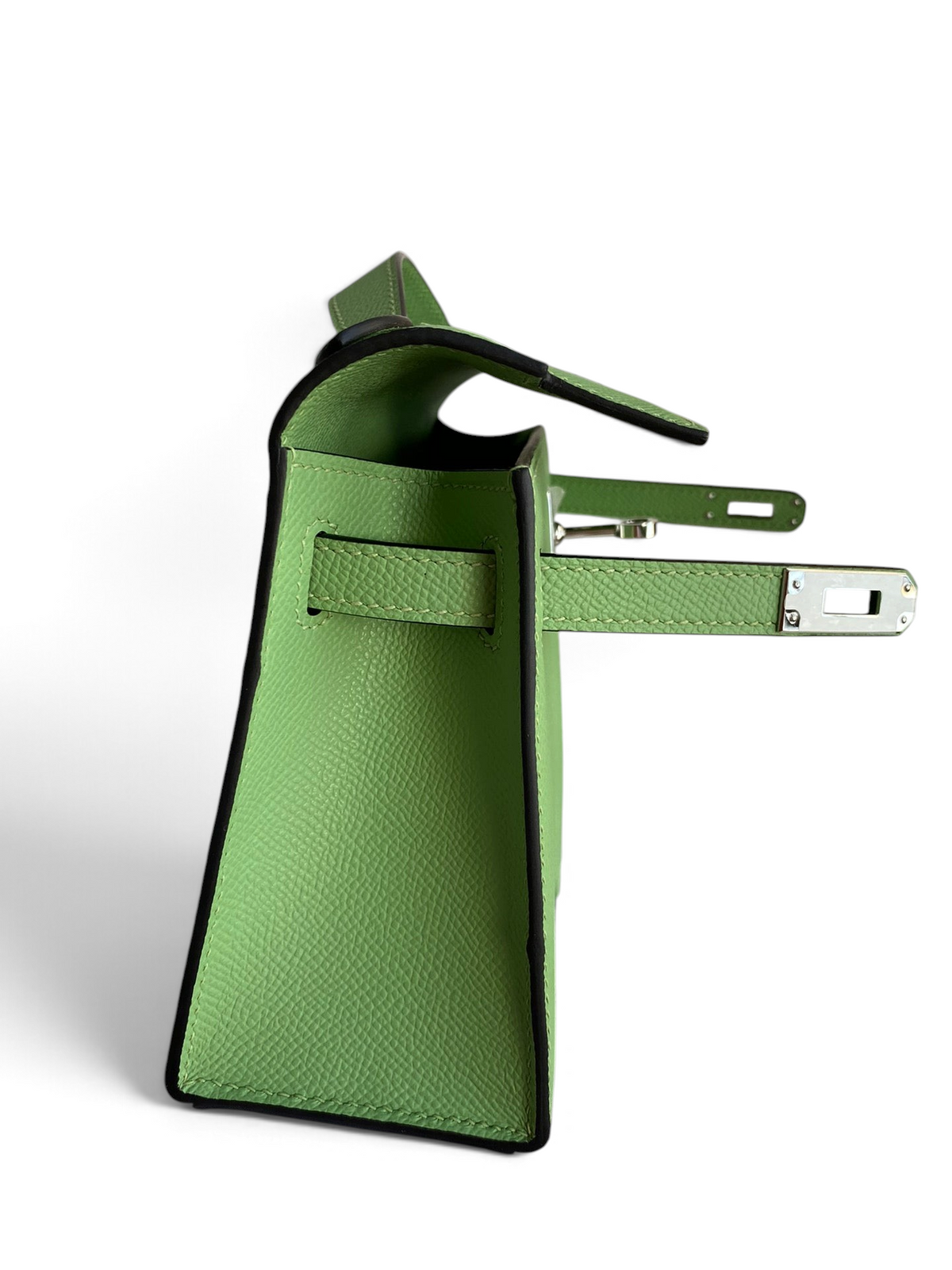 SWORD LUXURY yeşil Epsom deri 22cm Mini Kelly çanta, yan görünüm ve detaylı dikiş yapısı.