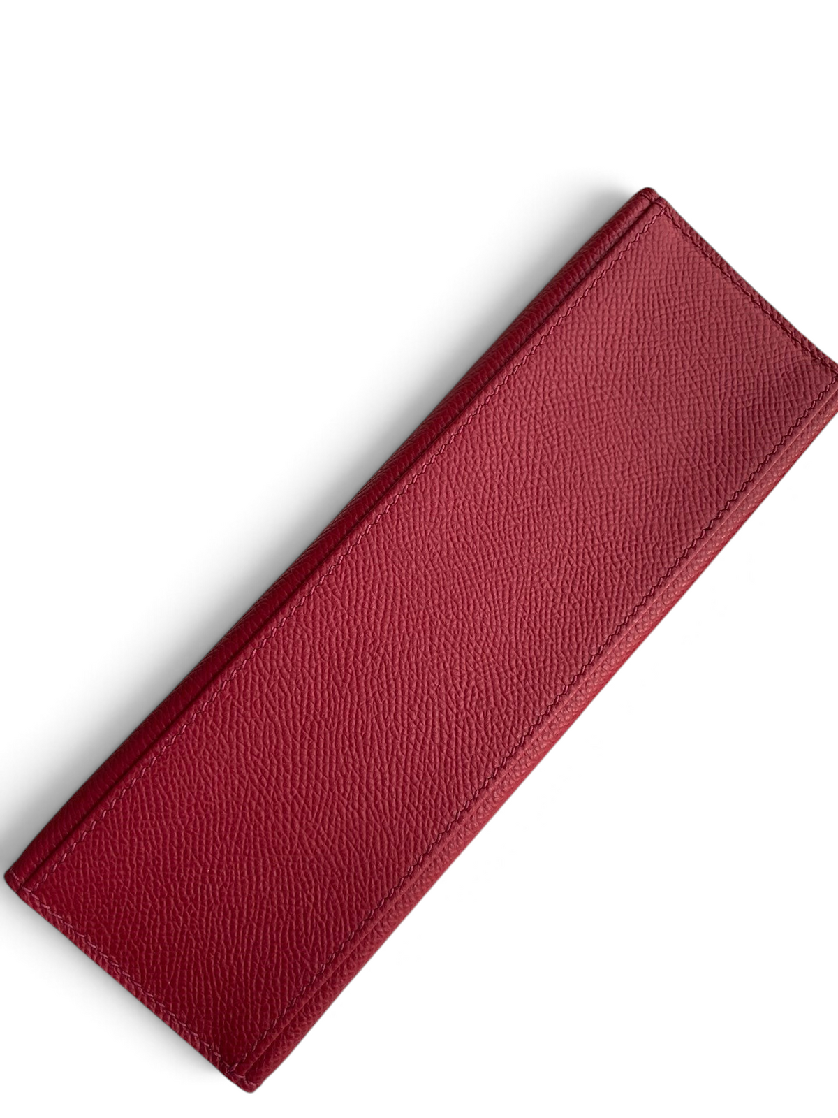 SWORD LUXURY 22 cm kırmızı Epsom deri Mini Kelly çanta, detaylı dikişli taban görünümü.