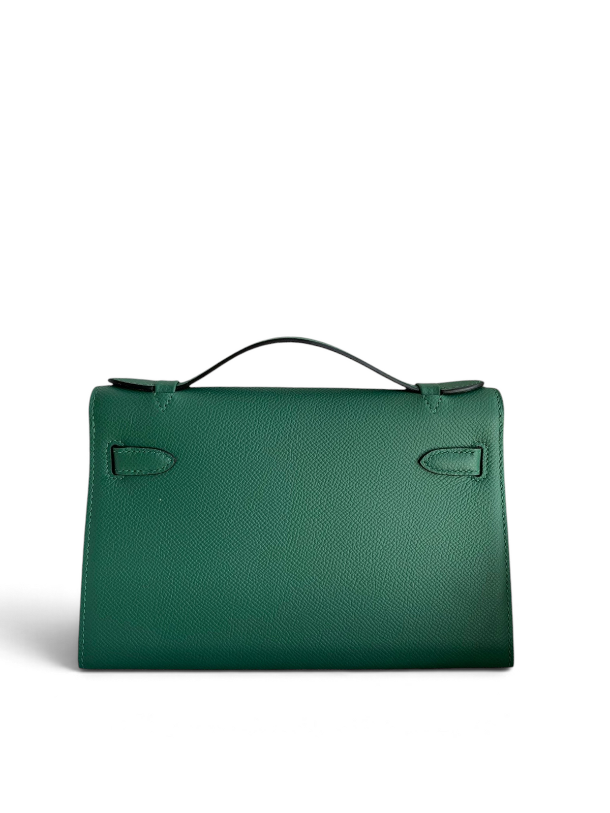SWORD LUXURY Mini Kelly 22cm yeşil Epsom deri çanta, arka görünüm ve marka kurdelesi ile.