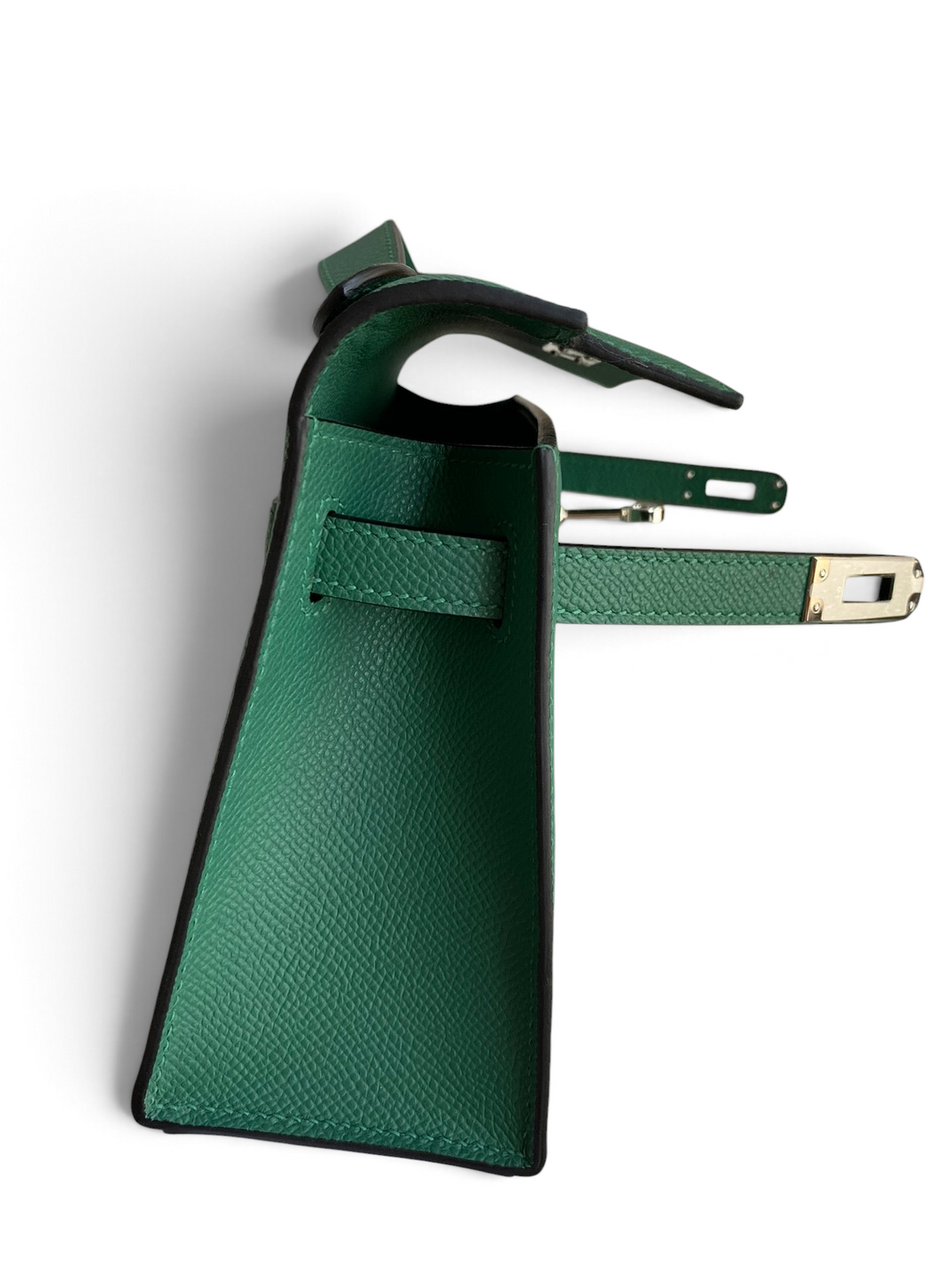 SWORD LUXURY marka, yeşil Epsom deri 22cm Mini Kelly çanta, yan görünüm ve metalik kilit detayları