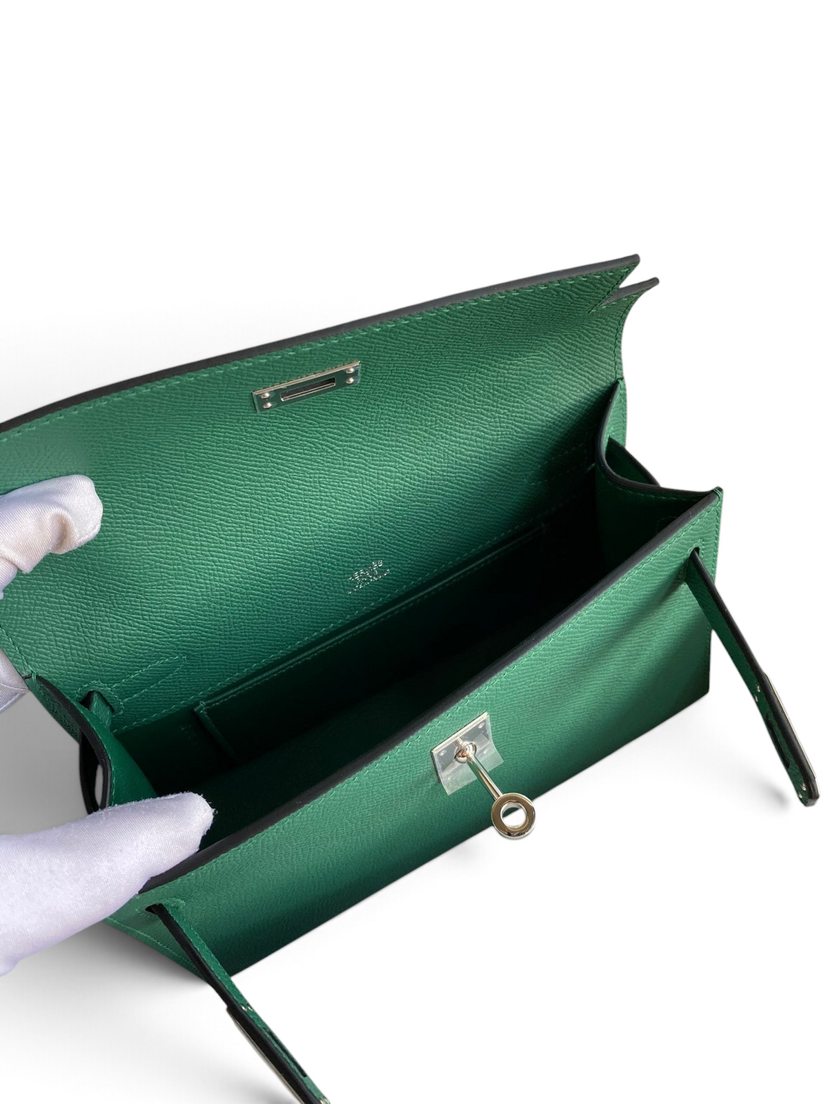 SWORD LUXURY 22cm yeşil Epsom deri Mini Kelly çanta, gümüş donanımlı iç detayları ve kutusu ile.