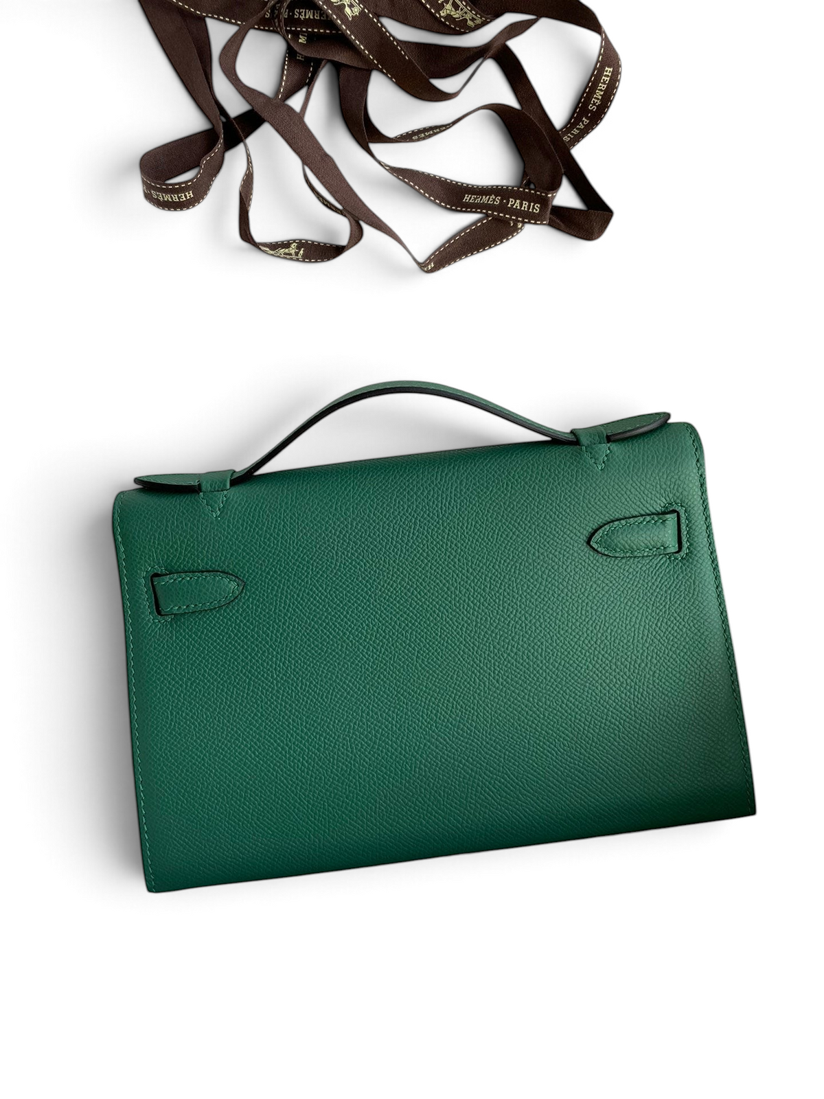 SWORD LUXURY yeşil Epsom deri 22cm Mini Kelly çanta, kutu içerisinde üstten görünüm.