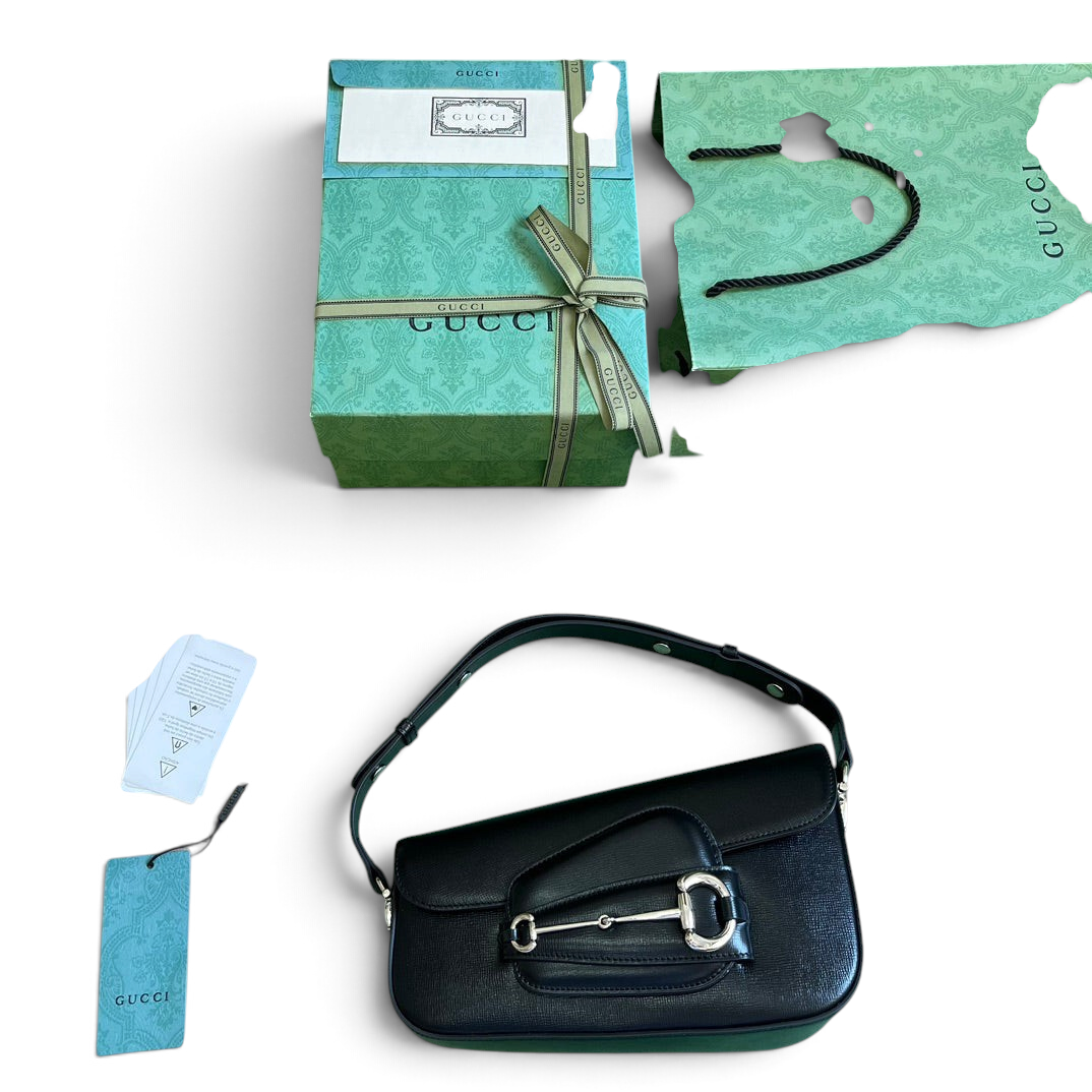 SWORD LUXURY Horsebit 1955 siyah deri omuz çantası, kutusu, toz torbası ve orijinallik kartı ile birlikte.