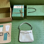 SWORD LUXURY gümüş rengi deri Gucci Horsebit mini çanta, kutusu, toz torbası ve ambalajı ile birlikte.