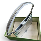 SWORD LUXURY gümüş rengi deri Horsebit mini omuz çantası, kutusu ve toz torbası ile birlikte.