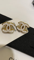 White Enamel CC Logo Stud Earrings