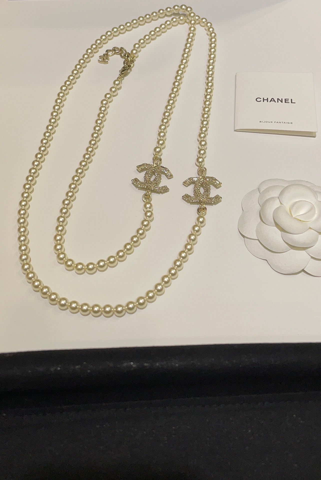 Long Pearl CC Logo Necklace