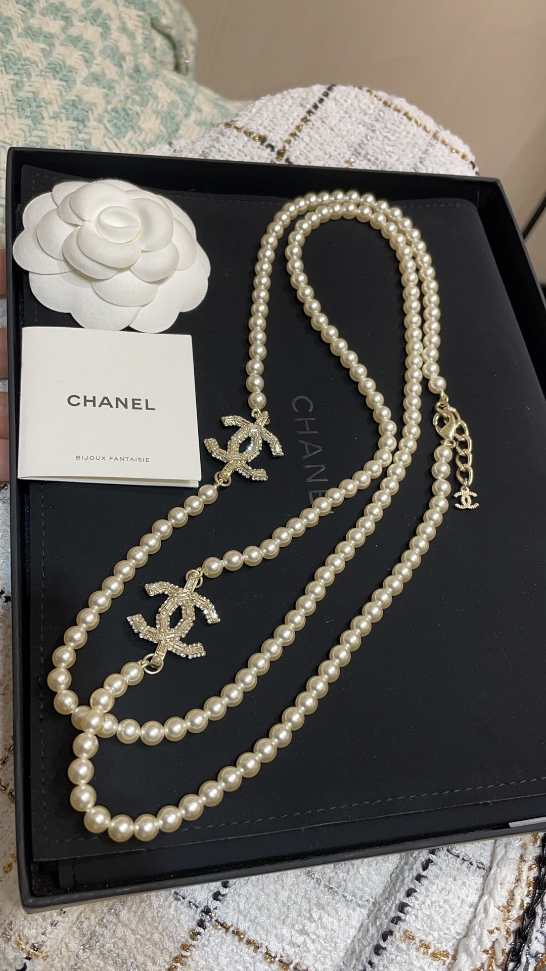 Long Pearl CC Logo Necklace