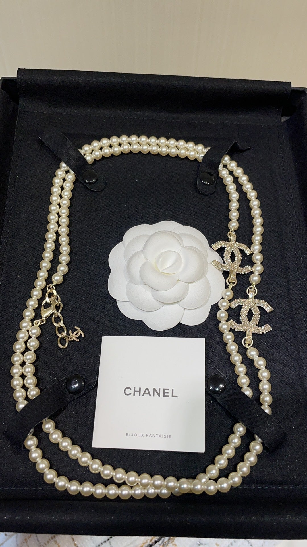 Long Pearl CC Logo Necklace