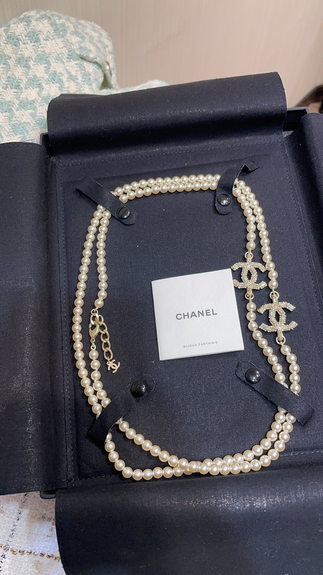 Long Pearl CC Logo Necklace