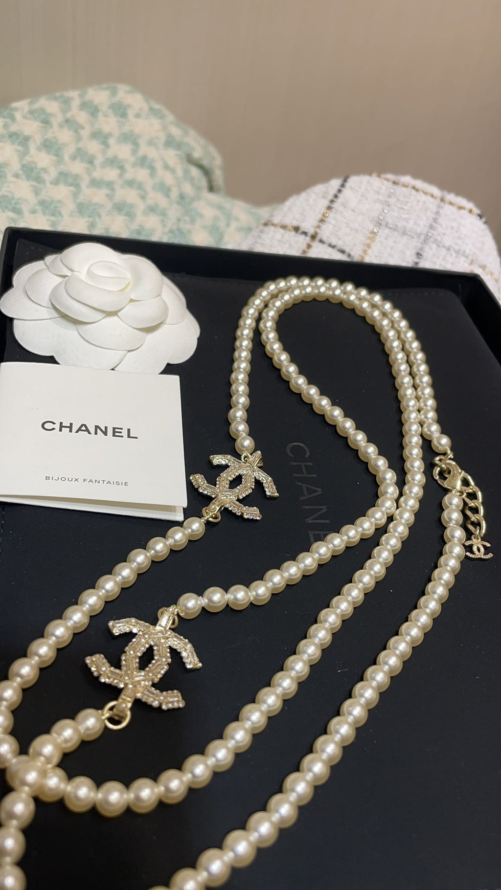 Long Pearl CC Logo Necklace