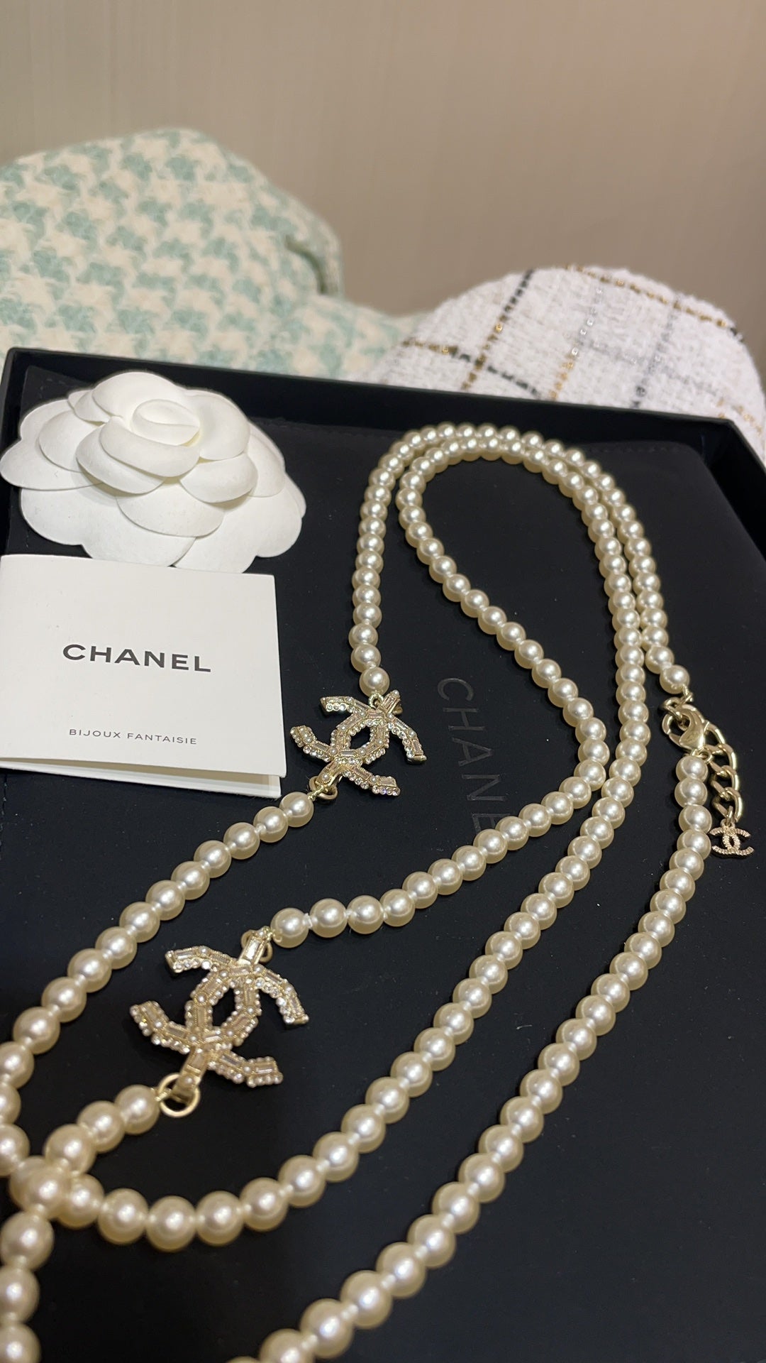 Long Pearl CC Logo Necklace