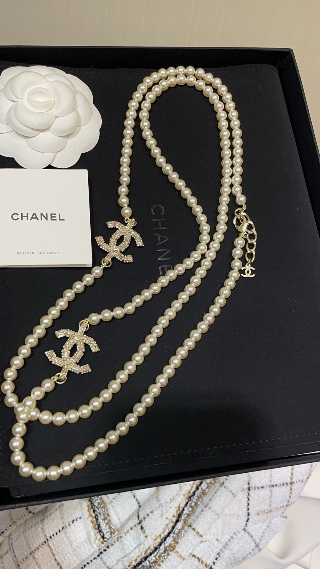 Long Pearl CC Logo Necklace