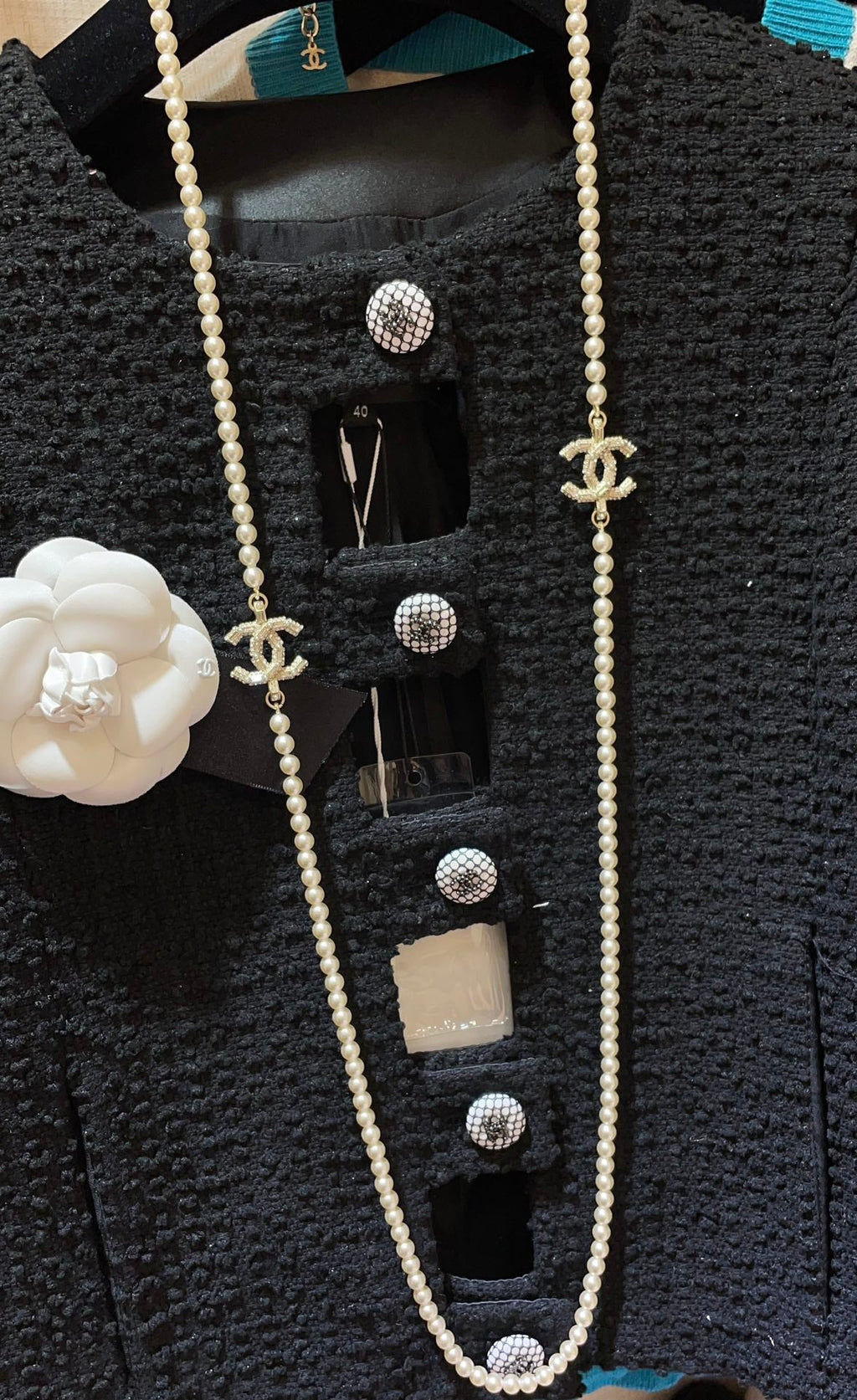 Long Pearl CC Logo Necklace