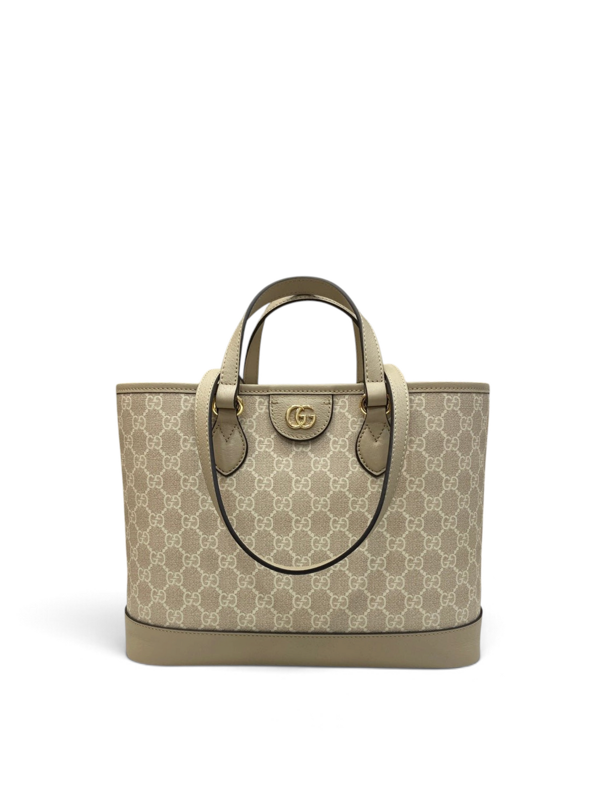 SWORD LUXURY bej monogram kanvas tote çanta, deri detaylı ve altın tonlu metal logolu şık tasarım.