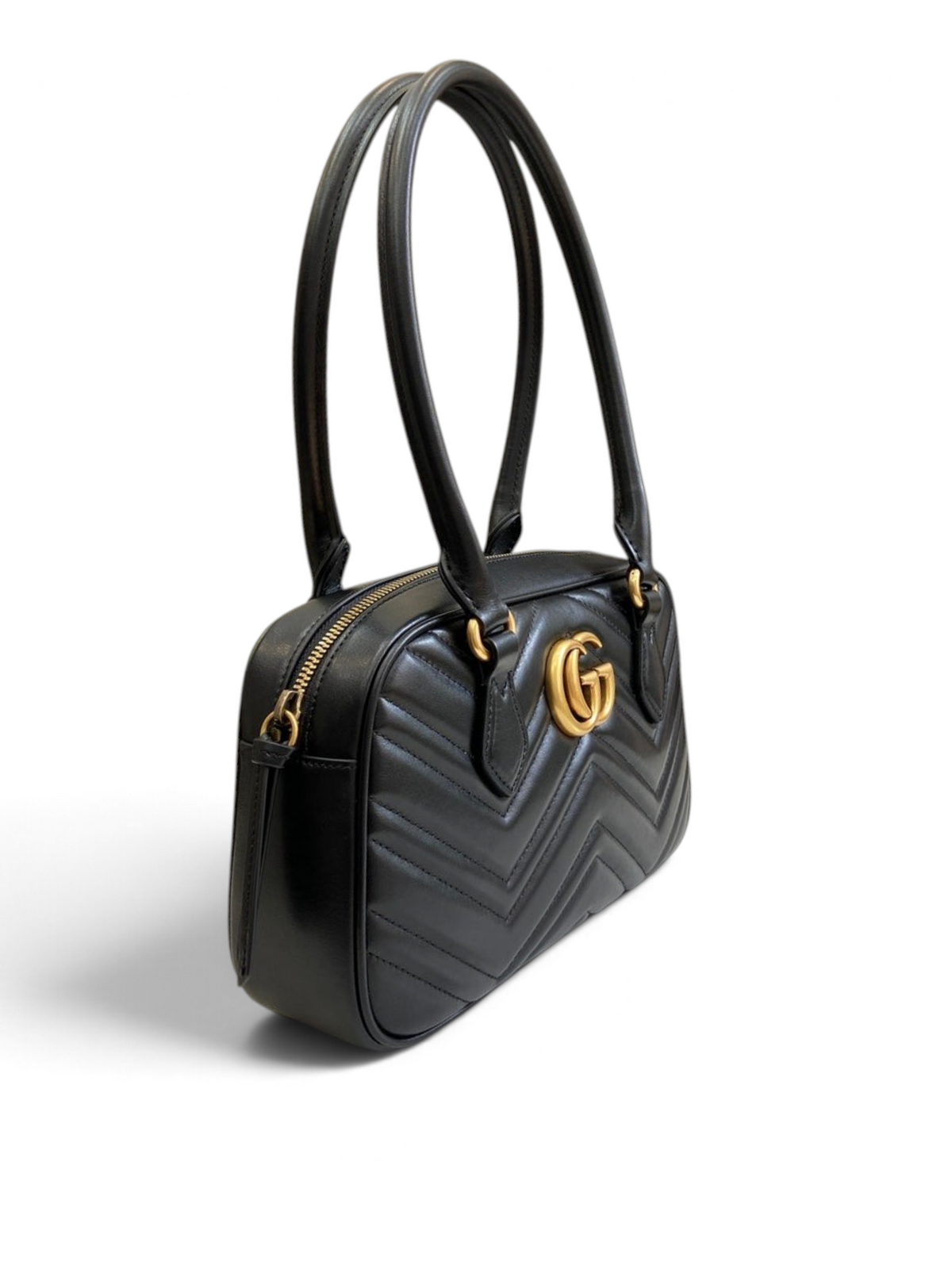SWORD LUXURY siyah matelasse deri GG Marmont mini çanta, altın tonlu Double G logosu ve uzun saplı zarif tasarım