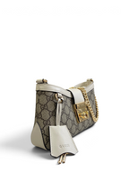 SWORD LUXURY Gucci Padlock mini omuz çantası, GG Supreme kanvas, beyaz deri detaylar ve altın tonlu kilit mekanizması.