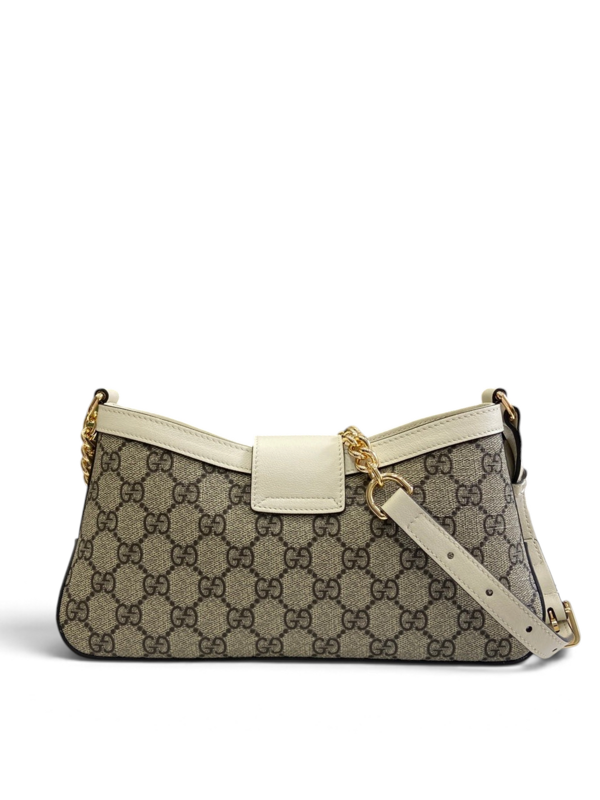 SWORD LUXURY Gucci Padlock mini omuz çantası, GG Supreme kanvas ve beyaz deri detaylı, altın zincir askılı tasarım.