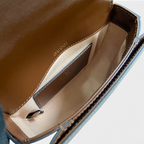 SWORD LUXURY Horsebit 1955 mini çanta içi, kahverengi deri detaylı ve kart bölmeli iç tasarım.