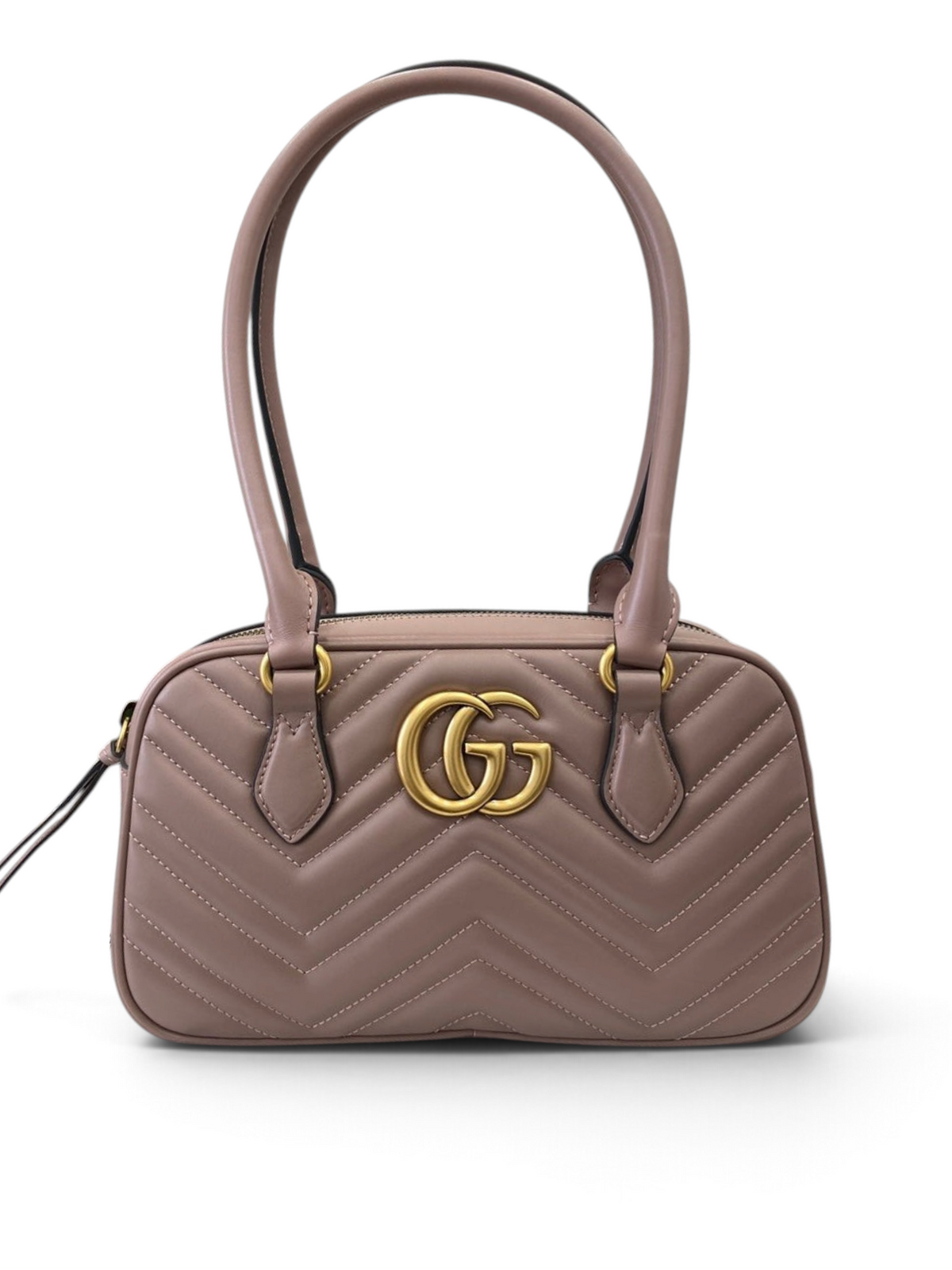SWORD LUXURY pembe matelassé deri GG Marmont mini çanta, altın rengi Double G logosu ve zarif üst sap detaylı.