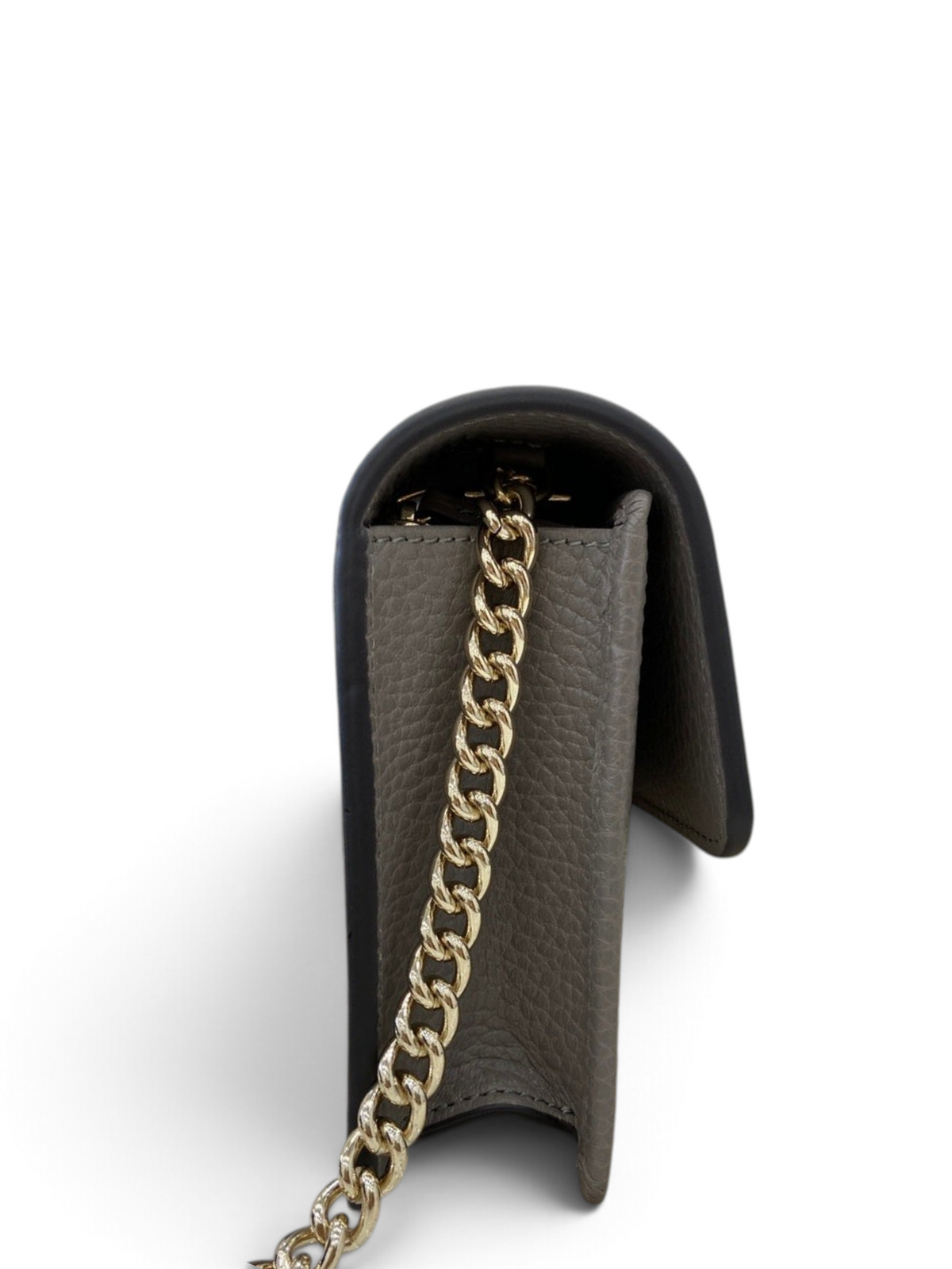 SWORD LUXURY Blondie mini çanta, gri dokulu deri, altın zincir askı ve şık yan profil görünümü.