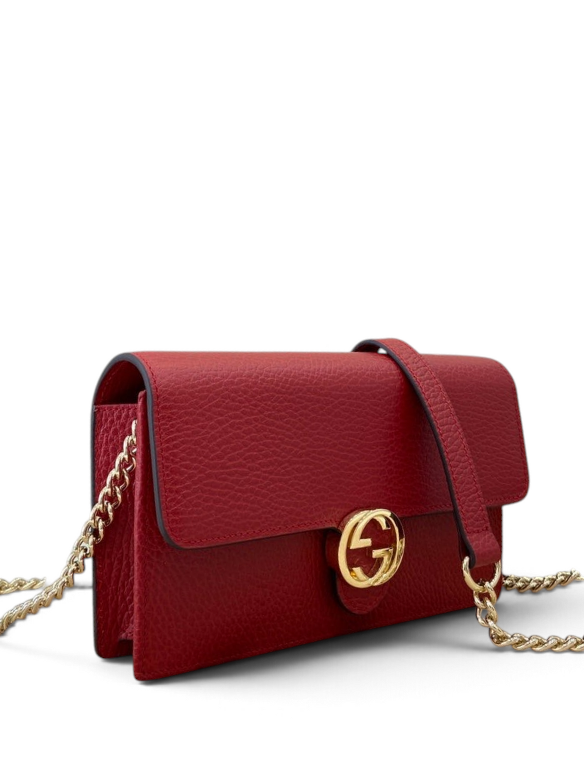 SWORD LUXURY Blondie Mini Bag, kırmızı dokulu deri, altın GG logolu ve zincir askılı şık tasarım.