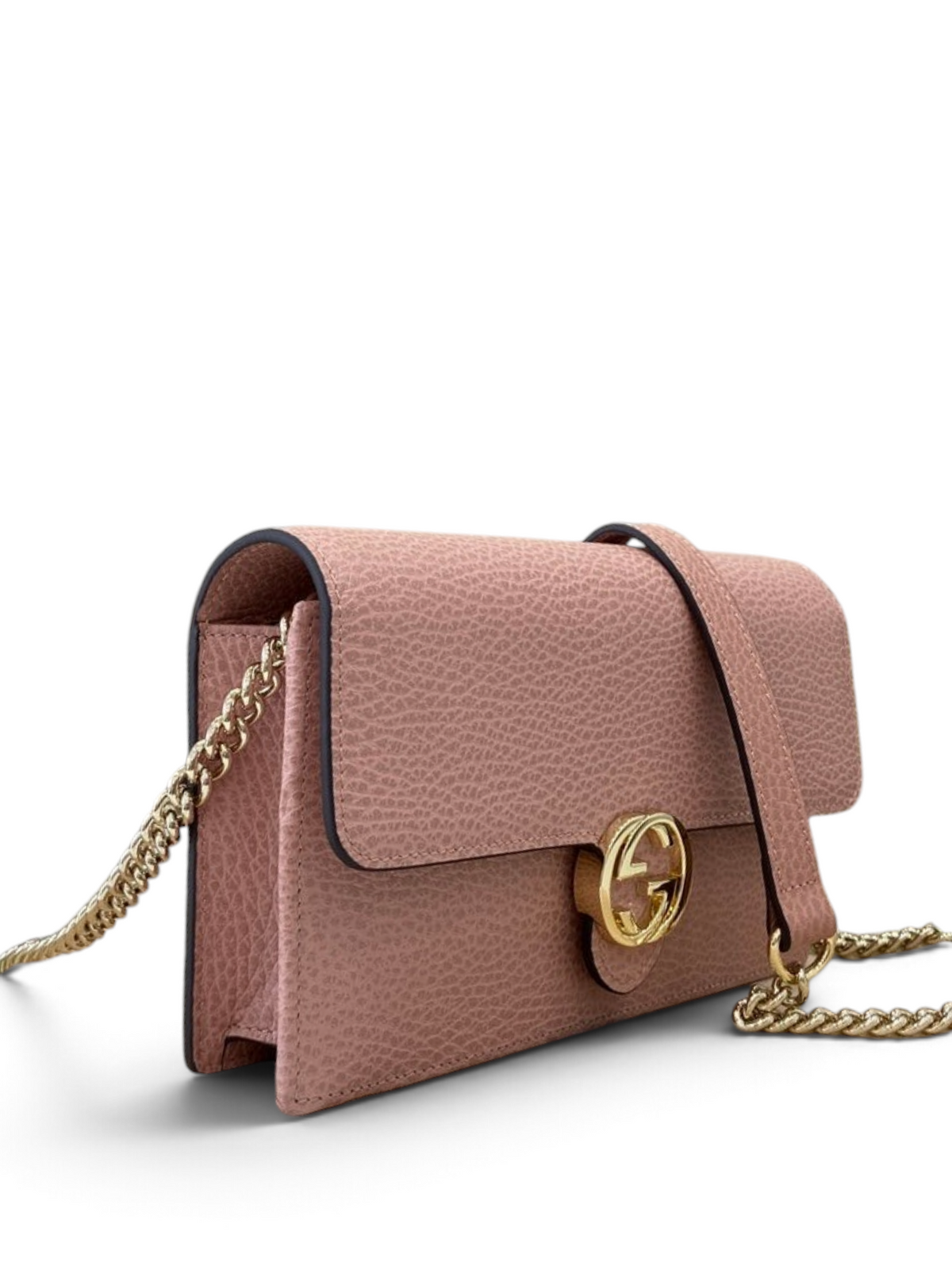 SWORD LUXURY pembe dokulu deri Blondie mini çanta, altın GG logolu ve zincir askılı, şık ve kompakt tasarım.