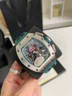 Chronograph Watch – Skeleton Dial, Titanium Case, Green Rubber Strap