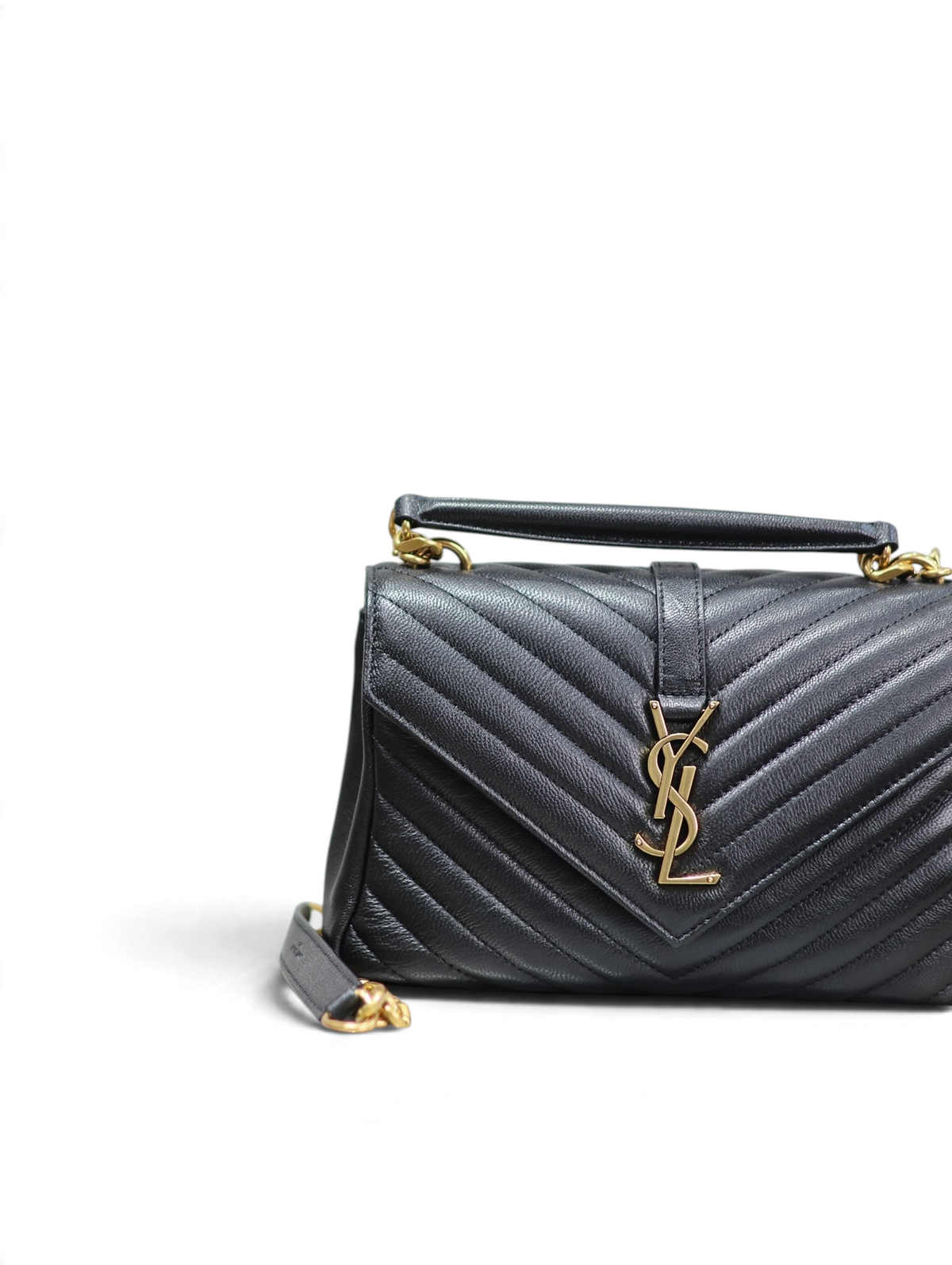 SWORD LUXURY siyah chevron kapitone deri çanta, metalik YSL logolu ve zincir askılı şık tasarım.