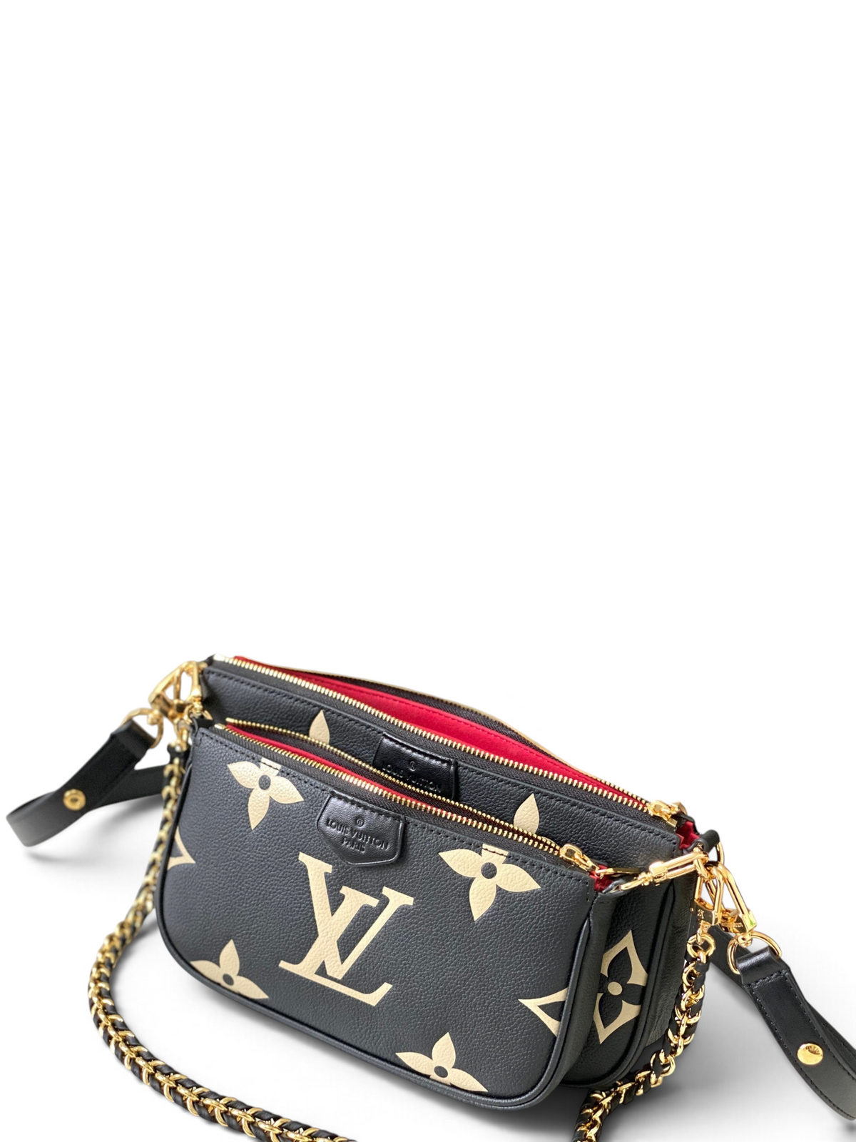 SWORD LUXURY siyah ve krem renkli, altın zincir detaylı Louis Vuitton Monogram Empreinte deri Multi Pochette çanta