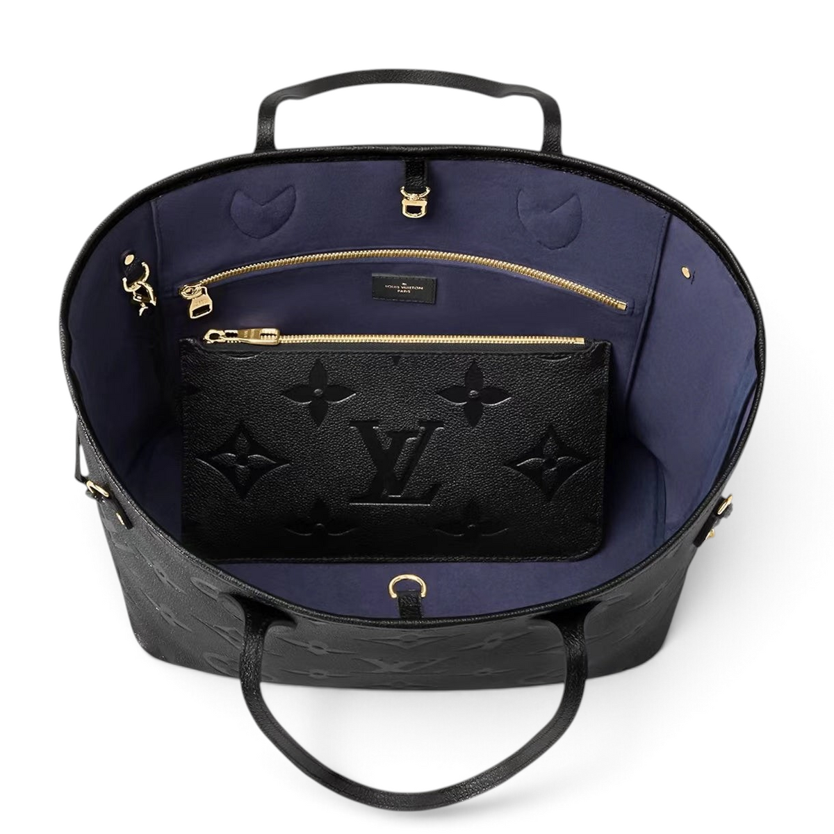 SWORD LUXURY siyah monogram desenli, altın donanımlı ve çıkarılabilir fermuarlı iç cepli geniş tote çanta.