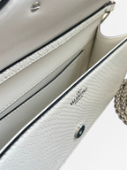 SWORD LUXURY Valentino Garavani VLogo Signature beyaz Ayers deri çanta iç detayları ve zincir askı