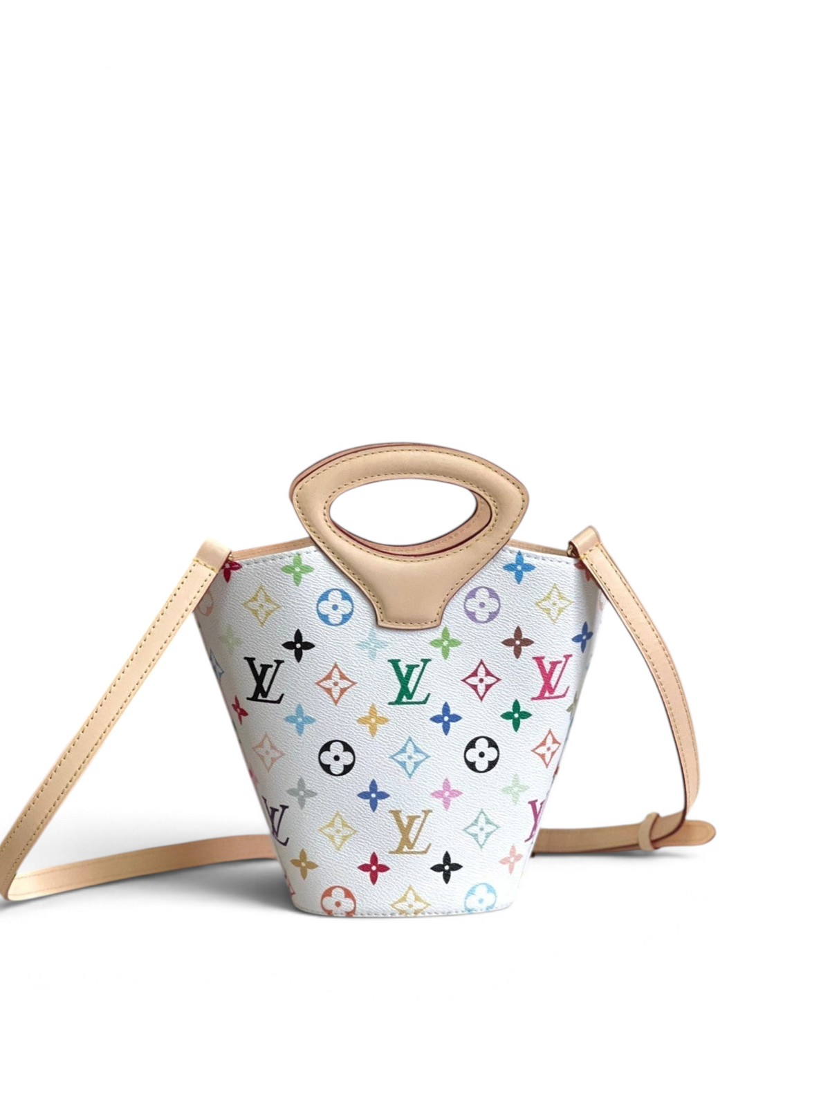 SWORD LUXURY Rivage BB çanta, çok renkli Monogram kanvas ve bej Vachetta deri detaylı, ikonik kova tasarım.