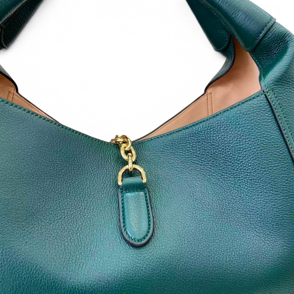 SWORD LUXURY koyu yeşil damarlı deri omuz çantası, altın renkli zincir detaylı ve şık tasarım
