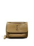 SWORD LUXURY taba rengi, altın tonlu YSL logolu, damarlı deri dokulu Niki orta boy satchel çanta.