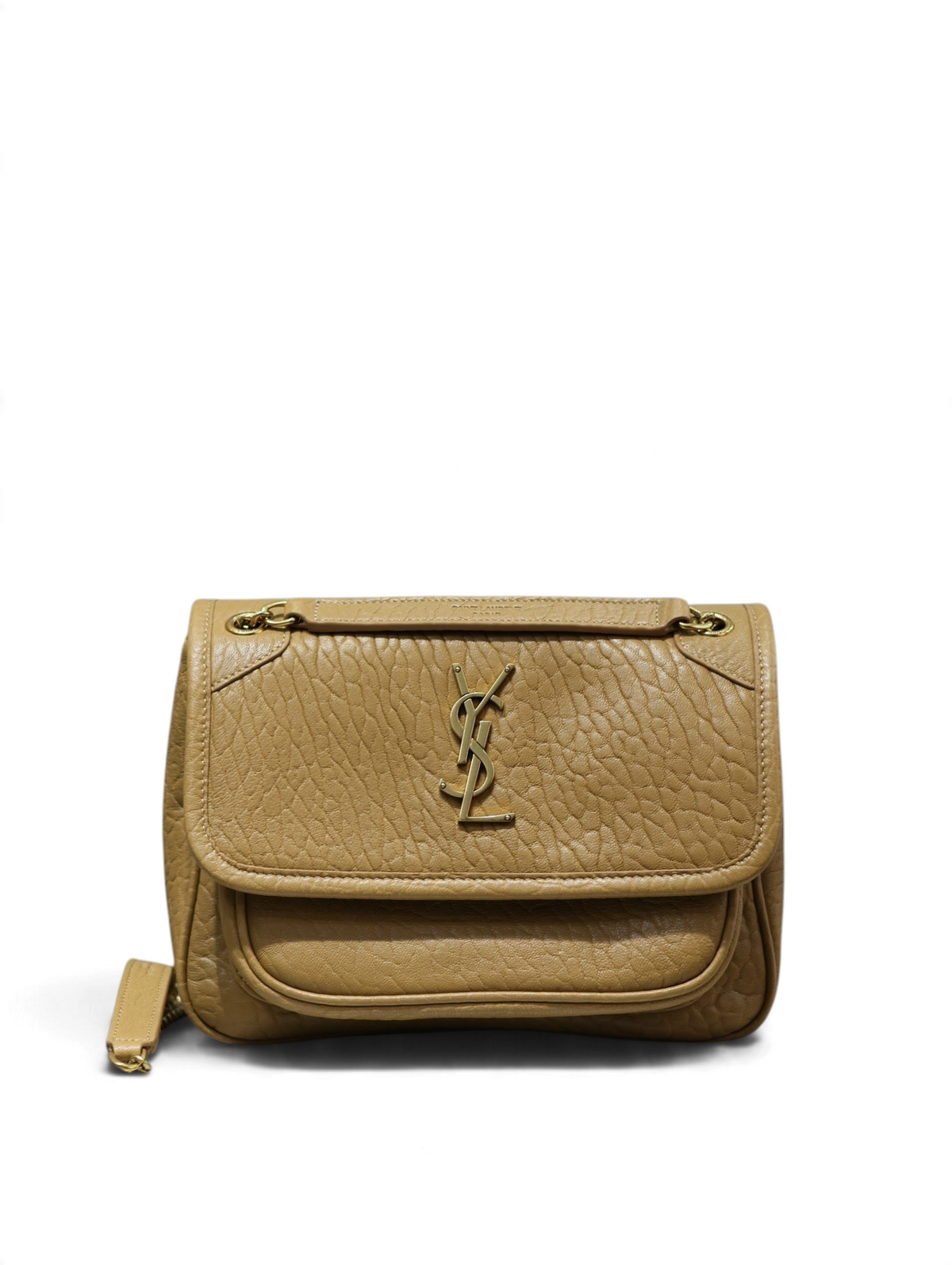 SWORD LUXURY taba rengi, altın tonlu YSL logolu, damarlı deri dokulu Niki orta boy satchel çanta.