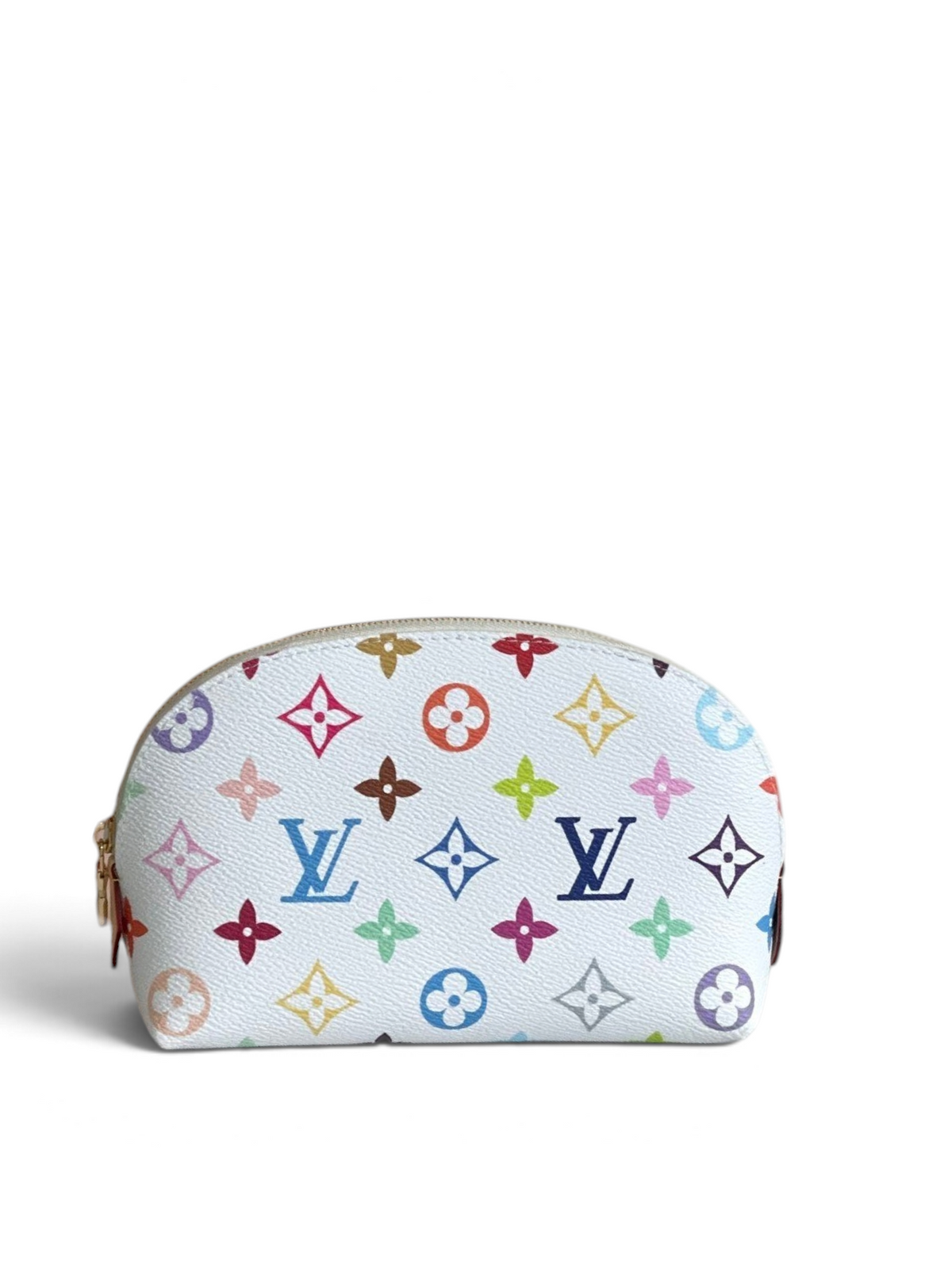 SWORD LUXURY Louis Vuitton beyaz kanvas kozmetik çantası, renkli monogram desenli ve fermuarlı tasarım.