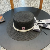 Woven Straw Hat with Pearl Band and Silk Bow Detail