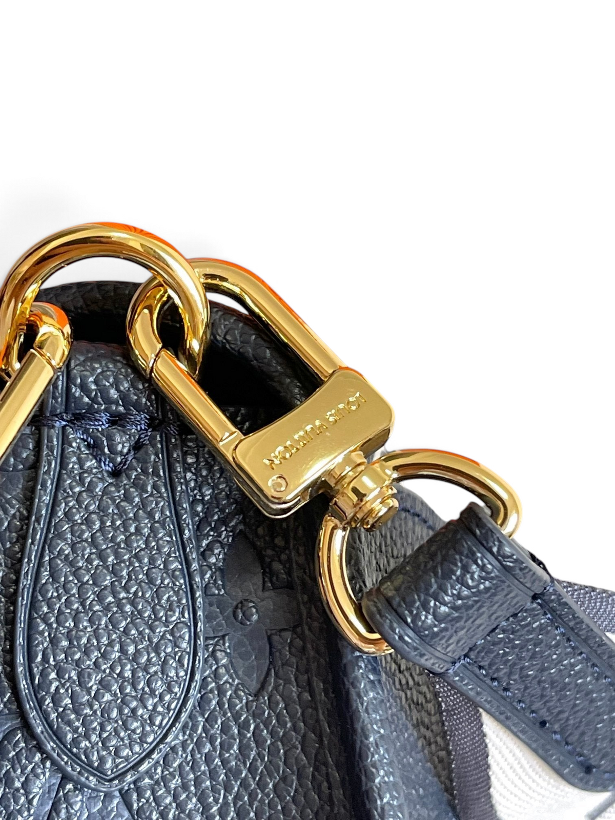 SWORD LUXURY Diane çanta, altın tonlu metal donanımı ve kabartmalı Monogram Empreinte deri detaylarıyla yakından görünüm
