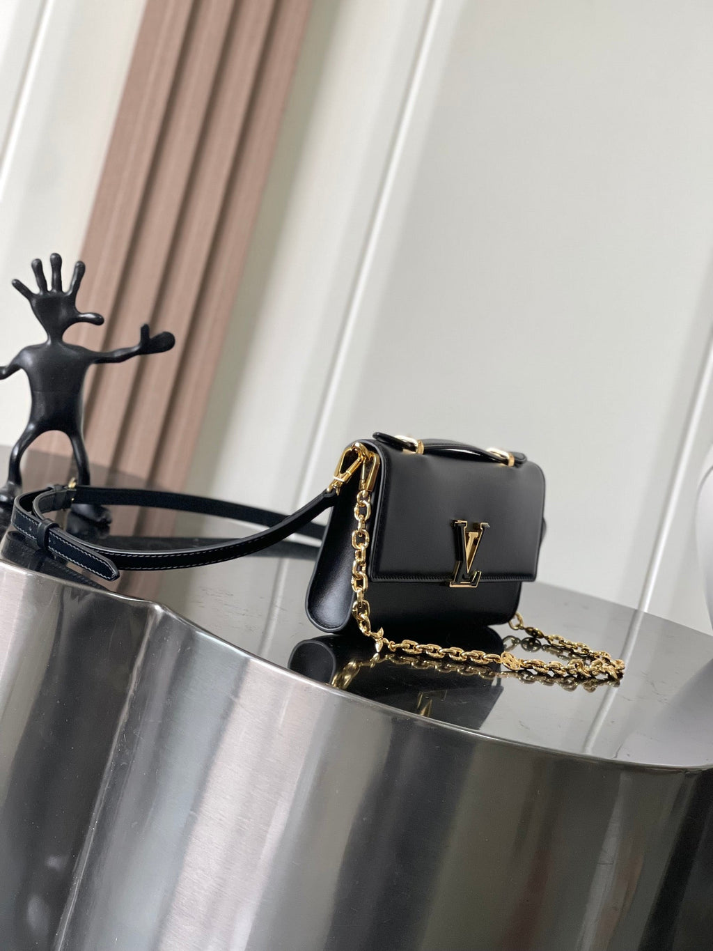 Capucines Wallet On Chain in Black Leather with Gold Chain