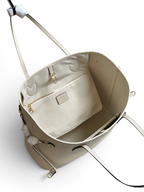 SWORD LUXURY krem rengi kanvas Neverfull tote çanta, iç kısmında fermuarlı çıkarılabilir cüzdan ve altın detaylar.