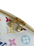 SWORD LUXURY Louis Vuitton beyaz kanvas kozmetik çantası, altın tonlu fermuar detayı ve renkli monogram desenli