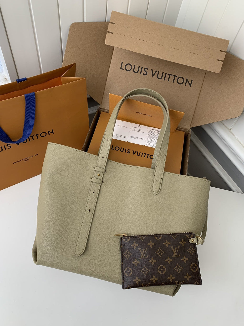 Calfskin Leather Tote Bag with Monogram Pouch