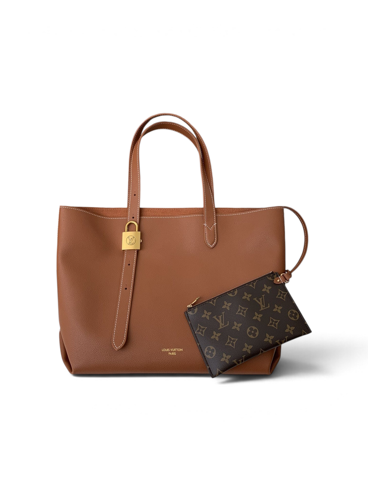 SWORD LUXURY zeytin yeşili deri tote çanta, altın kilit detaylı ve monogram desenli çıkarılabilir küçük çanta.