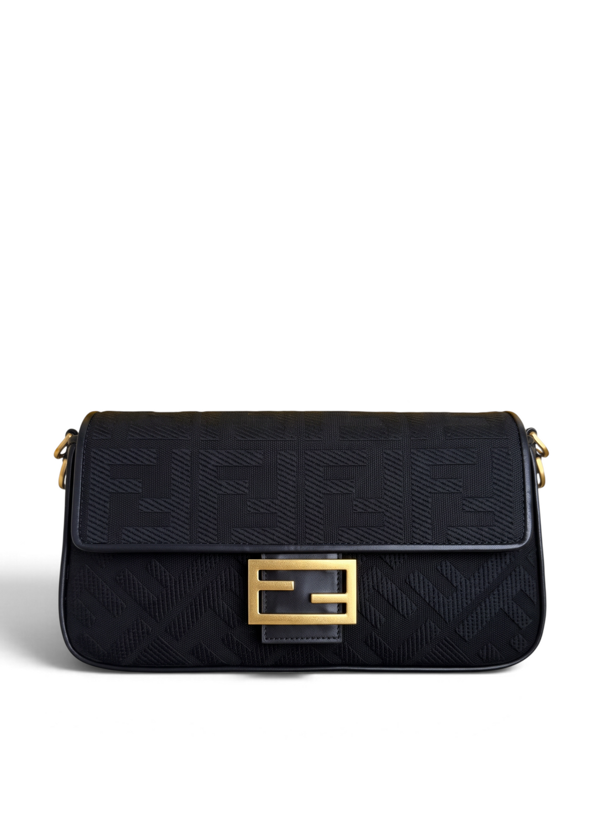 SWORD LUXURY Fendi Baguette çanta, siyah FF kanvas kumaş, deri detaylar ve altın tonlu metal tokalı ikonik tasarım.