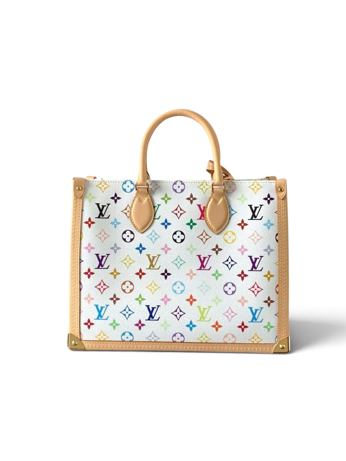 SWORD LUXURY beyaz kanvas üzerine renkli monogram desenli, deri detaylı ve altın donanımlı şık OnTheGo tote çanta.